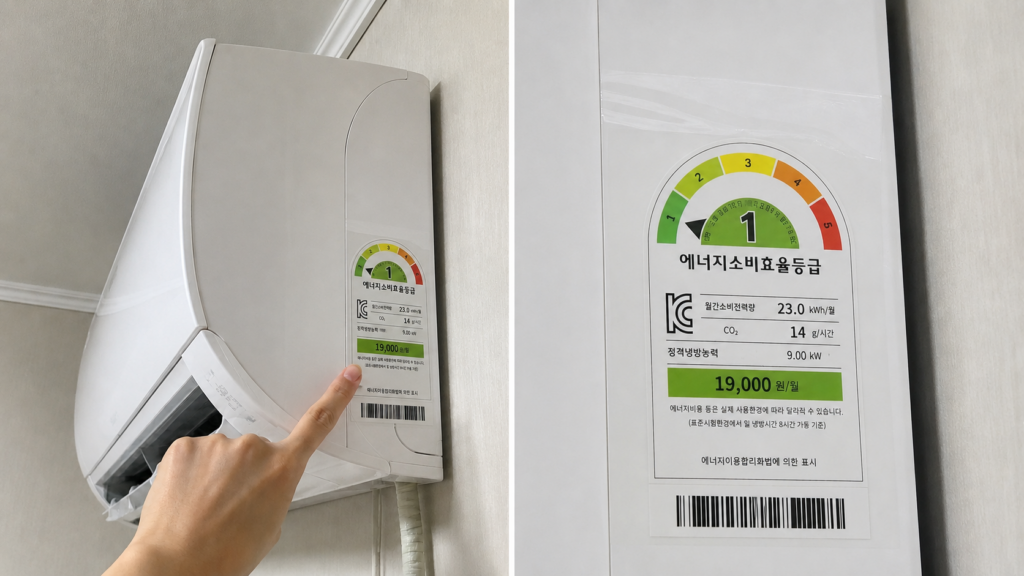 에어컨 측면의 모델명과 에너지소비효율등급 라벨 확인 모습