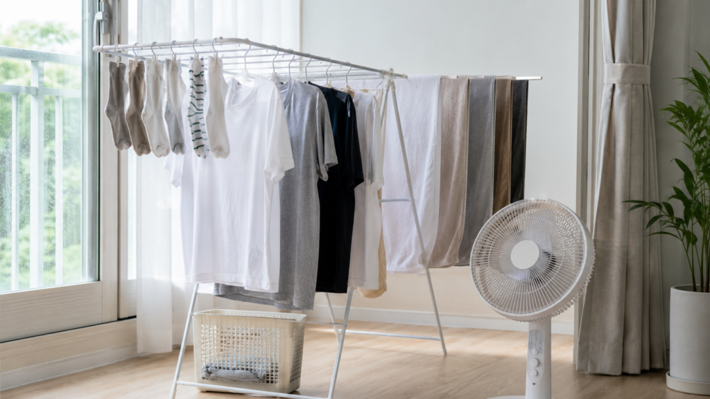 장마철 빨래 냄새를 줄이기 위해 간격을 두고 널어둔 실제 건조대