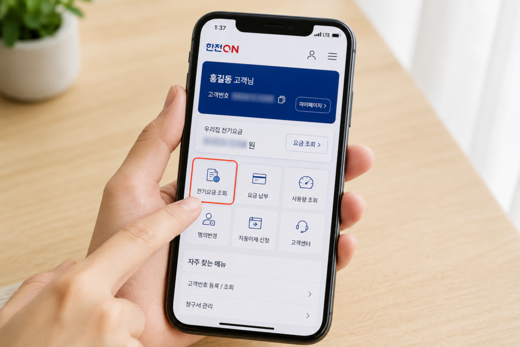 한전ON에서 고객번호와 전기요금 조회 메뉴를 확인하는 화면