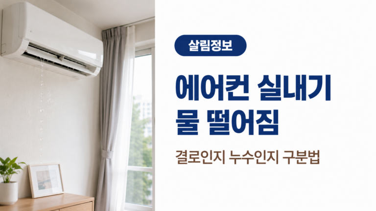 밝은 거실의 벽걸이 에어컨 실내기에서 물이 떨어지는 모습과 결로 및 누수 구분법을 안내하는 대표 이미지