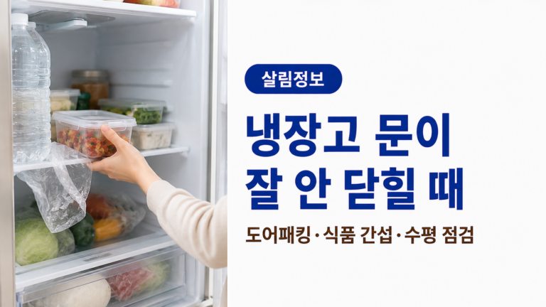 열린 냉장고에서 앞으로 튀어나온 밀폐용기와 비닐 포장을 안쪽으로 정리하며 문 닫힘을 방해하는 요소를 확인하는 모습